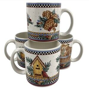 Debbie Mumm Sakura Pine Cone Mugs Set Of 4 Birdhouse Basket Coffee Tea Cup 12 Oz
